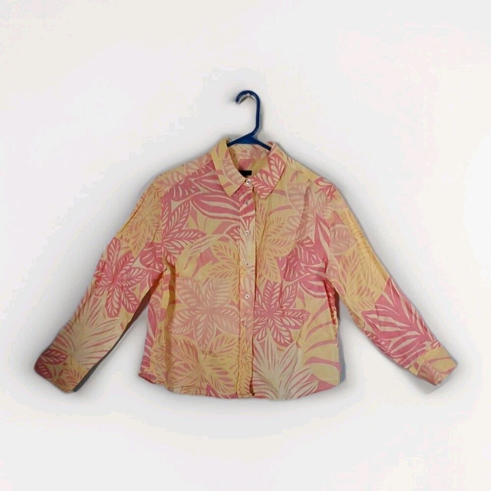 Talbots Womens Petite Size Small Pink Yellow Floral Linen Blouse Button Down